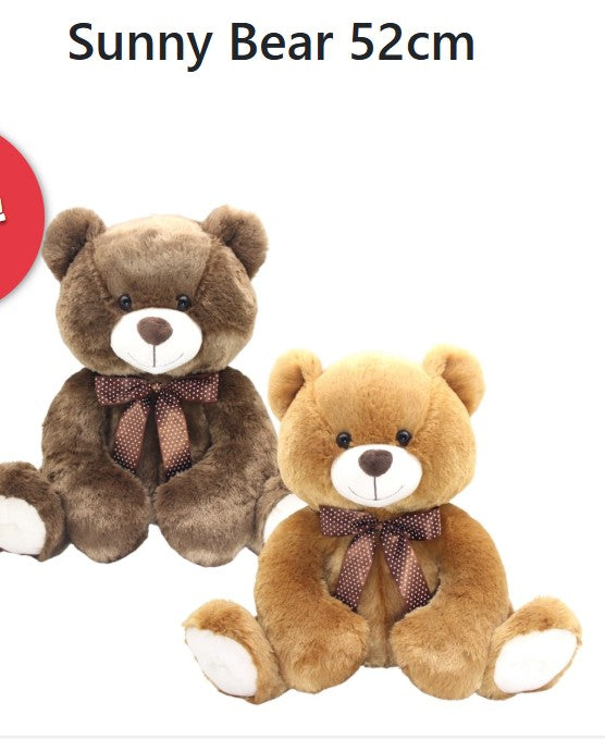 Two plush teddy bears on a white background with the text 'Sunny Bear 52cm' at the top. One bear is medium brown and the other is light tan, both wearing brown patterned bows and white paws.