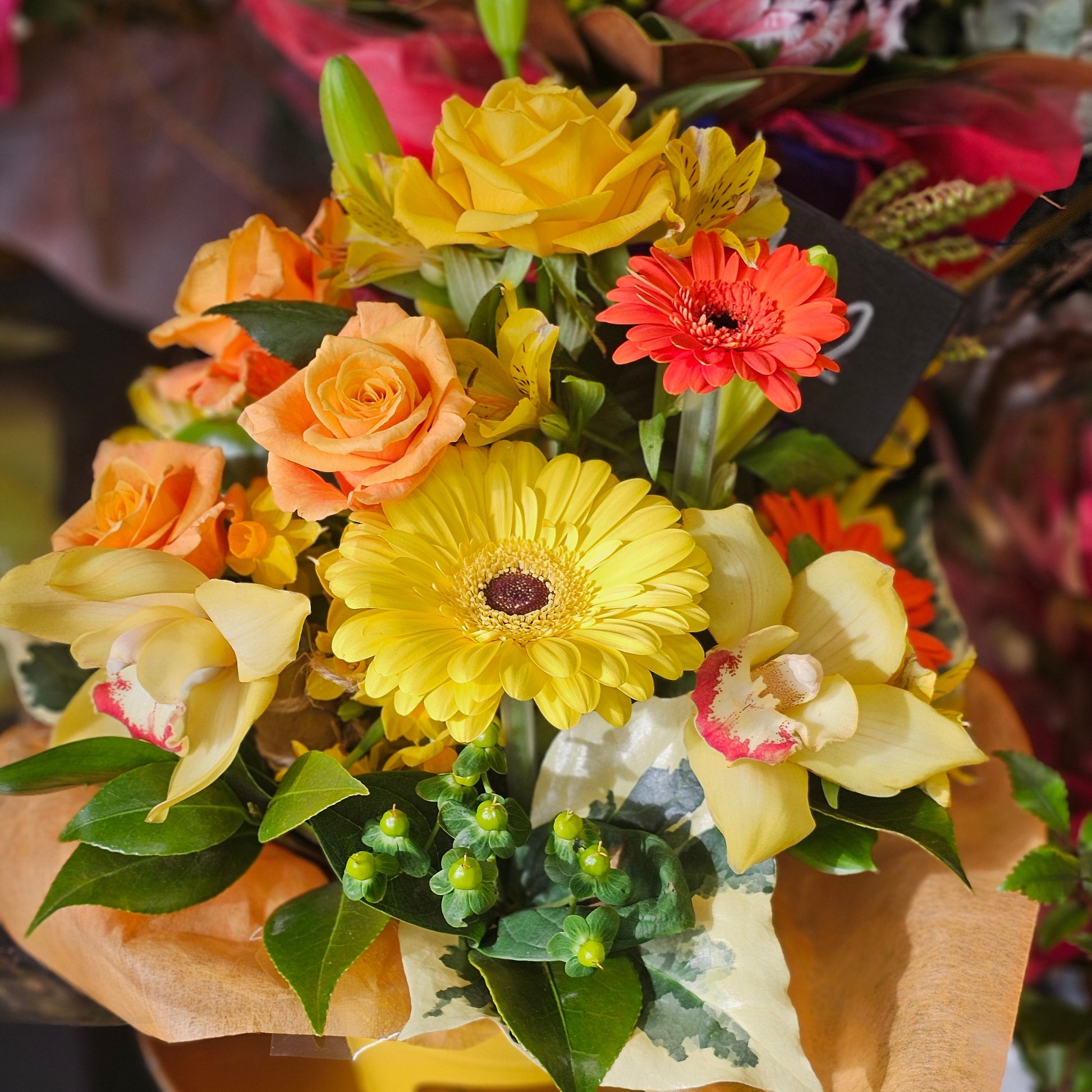 yellow flowers in a posy box