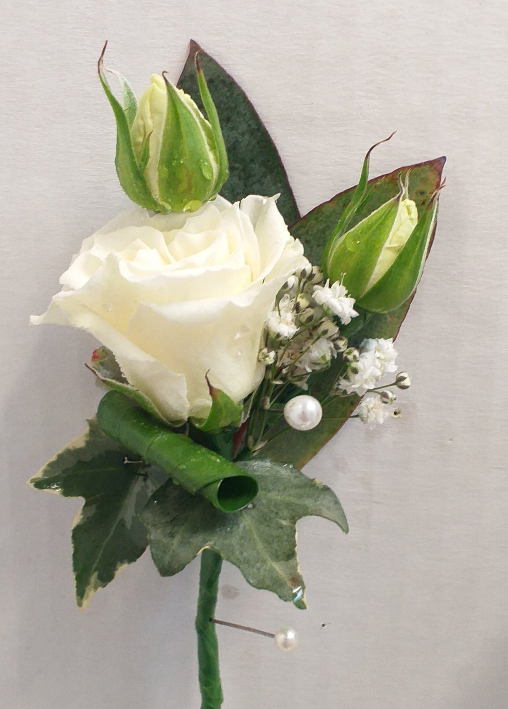 Lady's buttonhole or Boutonniere, white spray rose and buds, gypsophila and leaves