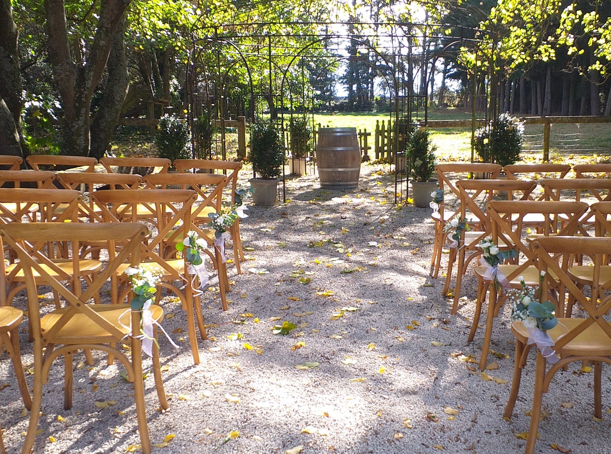 Chair decorations, for the first seat of each row or more, small posy tied with white ribbon including gypsophilla, white spray carnations, white spray roses, and gum