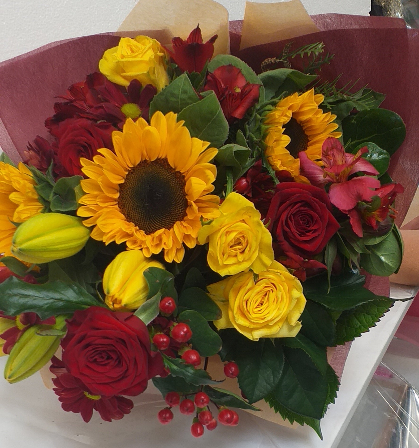 Flower Bouquet, Sunflowers and Roses or your choice, alstro, lillies, pink, red, yellow - Broadfield Flowers Florist Lincoln