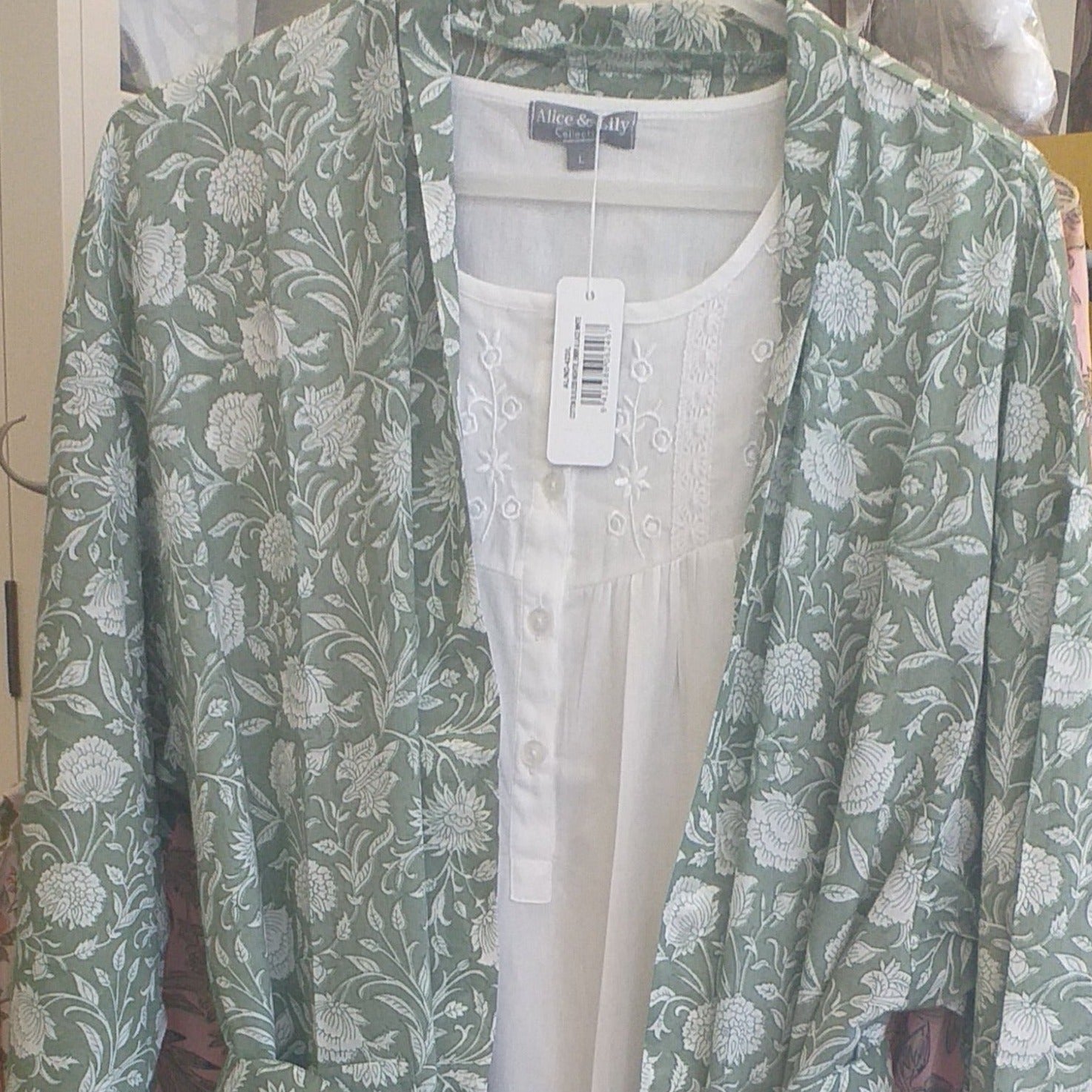 Green floral cotton kimono