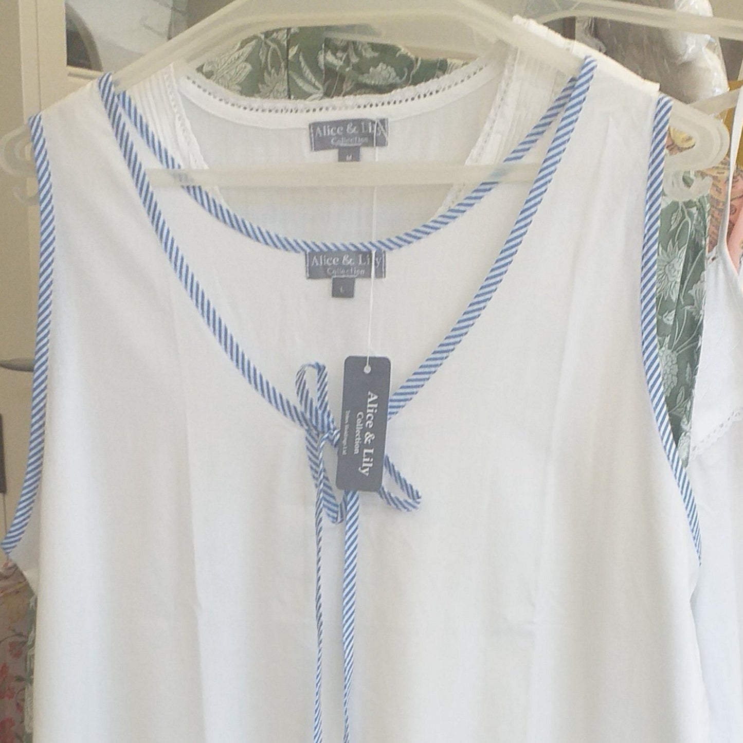 White cotton nighty with blue and white striped trim