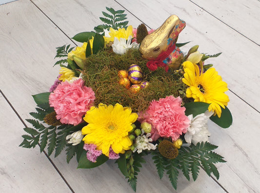 Gift Bowl, Easter,pink and yellow flowers, chocolate eggs and rabbit