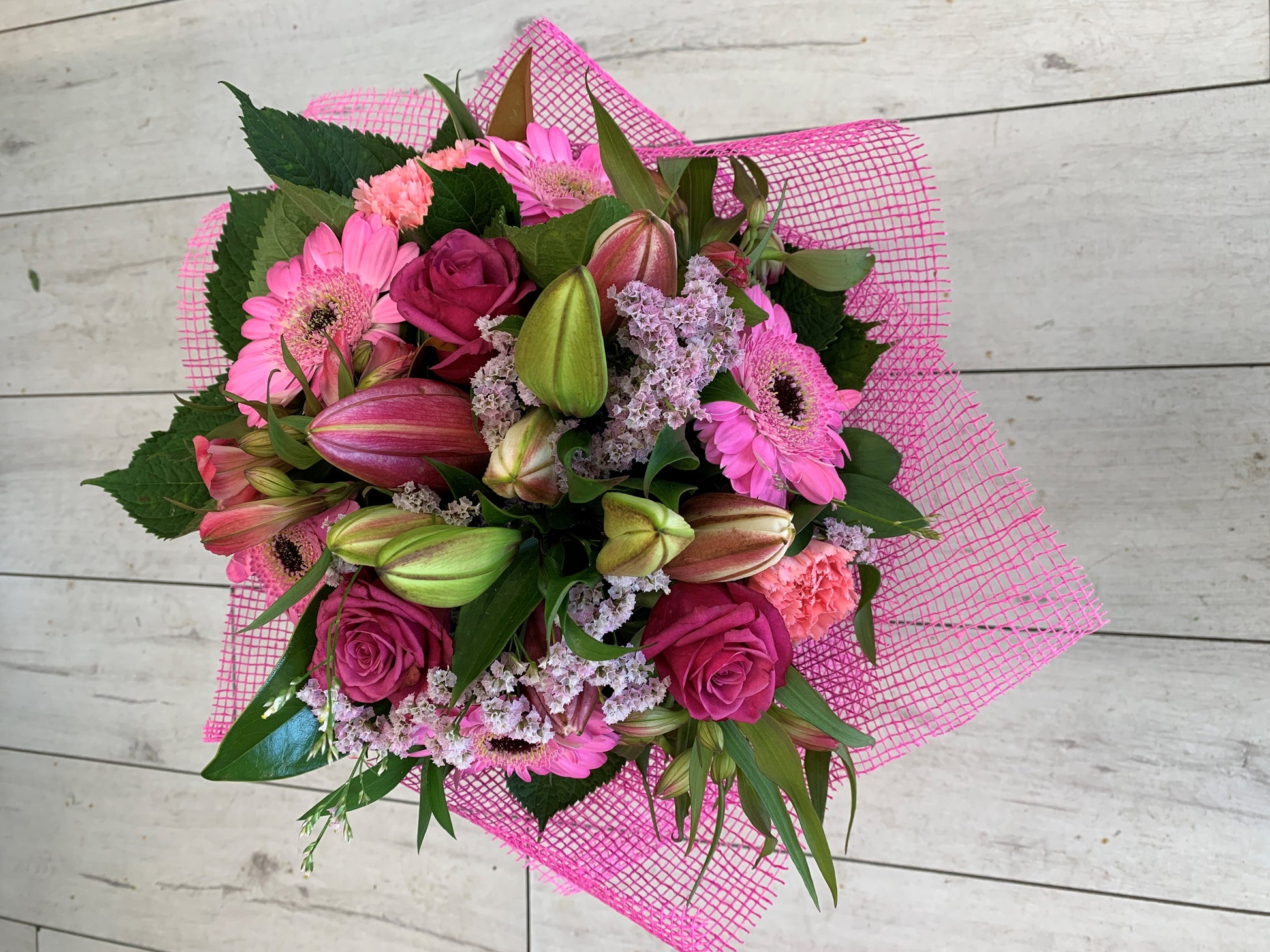 Pretty In Pink flower bouquet, gerberas, lily, roses, carnation, alstroemeria - Broadfield Flowers Florist Lincoln