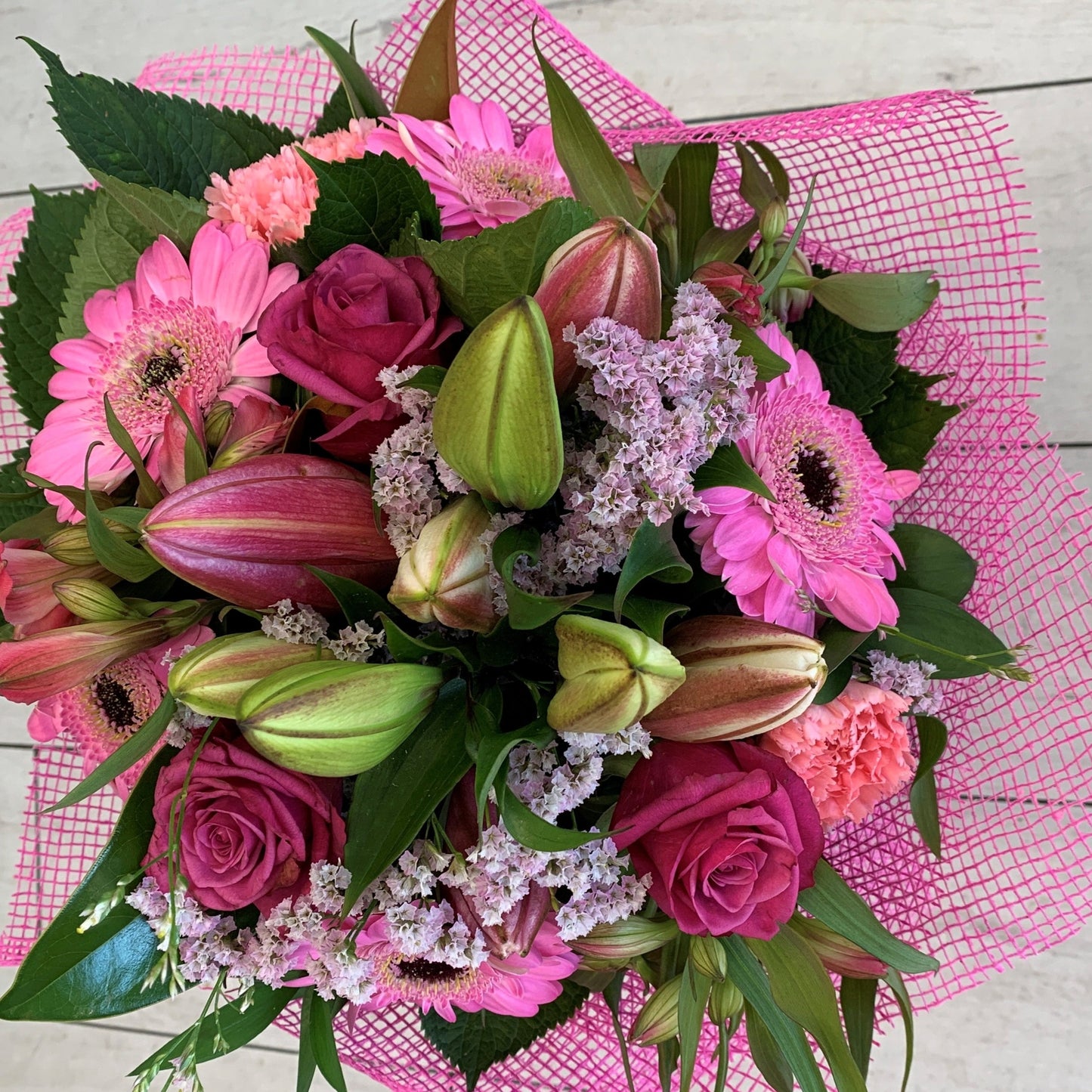 Pretty In Pink flower bouquet, gerberas, lily, roses, carnation, alstroemeria - Broadfield Flowers Florist Lincoln