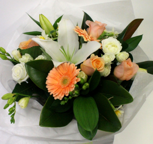 Peachy Pastel Posy in a Water Filled Handbag, flower bouquet, gerbera, lily, roses, freesias, white, pink, early cheer - Broadfield Flowers Florist Lincoln