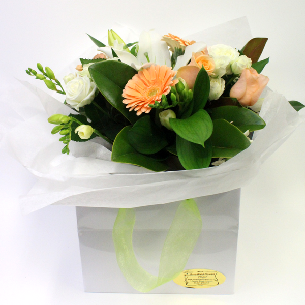 Peachy Pastel Posy in a Water Filled Handbag - Broadfield Flowers Florist Lincoln