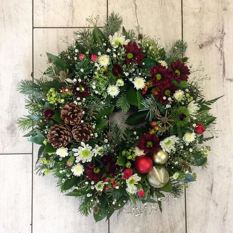 Wreath - Christmas, includes cones, gyp, conifer foliage, red and silver xmas baubles, red and white flowers