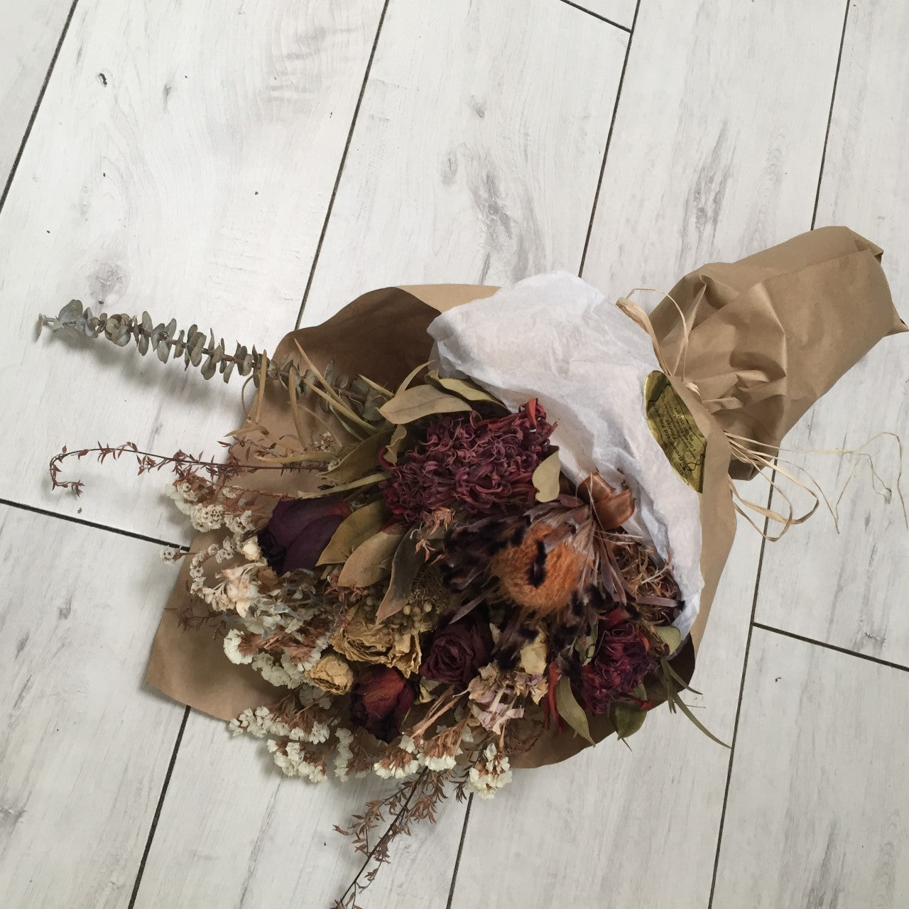 Dried Flower Bouquet. Flowers included, proteas, statice, roses, gum