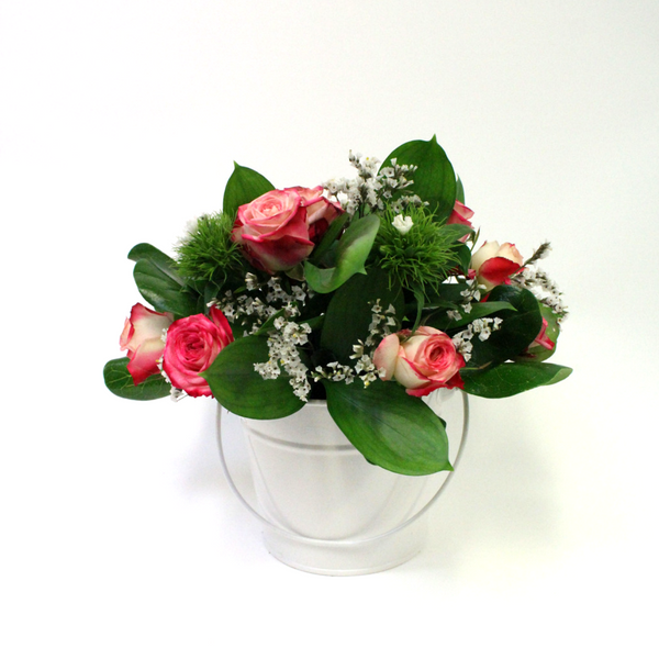 Flower Arrangement in a Tin with spray roses, pink, gyp, sweet william - Broadfield Flowers Florist Lincoln