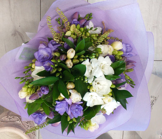 Freesia flower Posy bouquet, white, red, pink, yellow freesias depending on availability wrapped in matching colour