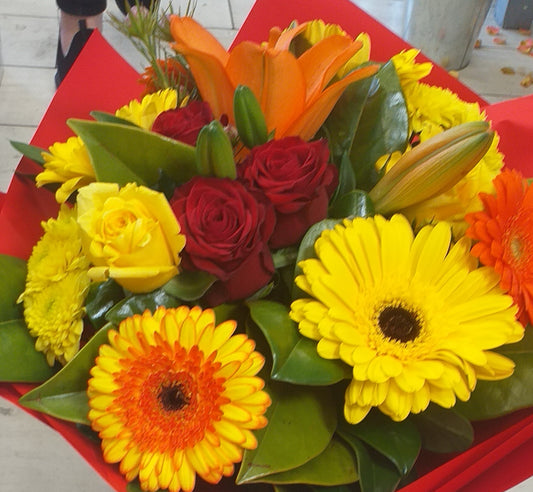 Flower Bouquet, Hot Stuff - yellow and orange gerberas, red roses, orange lilies and yellow chrysanthemums, Broadfield Flowers Florist Lincoln