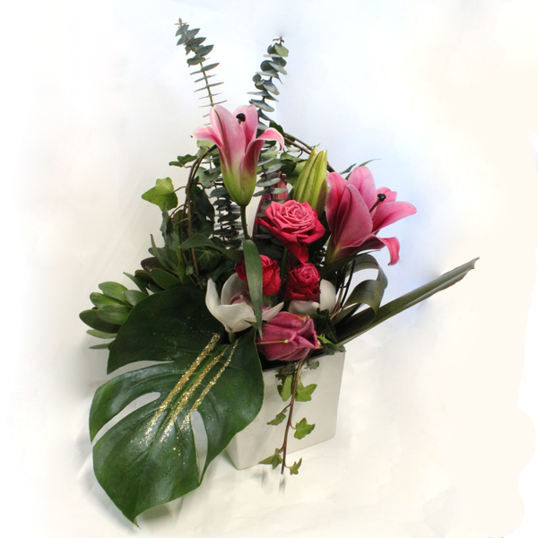 Glam flower arrangement, pink, green, white, roses, lily, leuc, monstera, ivy, orchid- Broadfield Flowers Florist Lincoln