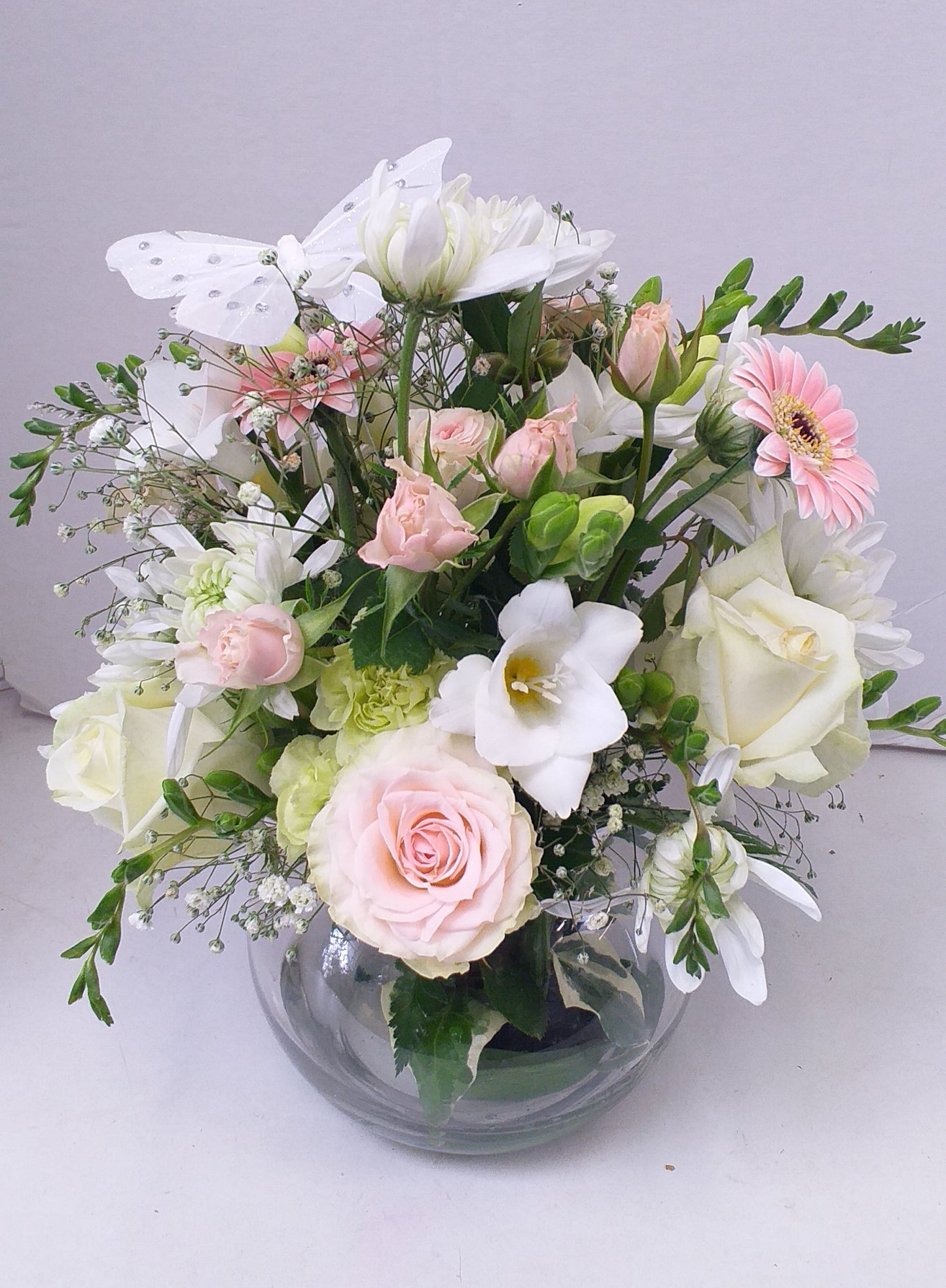 Pretty in Pink Posy Box, Flowers, roses, gerberas, freesias, carnations, chrysthemums, pink, white, cream, green, butterflies- Broadfield Flowers Florist Lincoln
