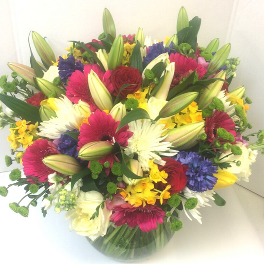 Rainbow flower bouquet with pink lillies, gerberas, chrysthemums, roses - Broadfield Flowers Florist Lincoln