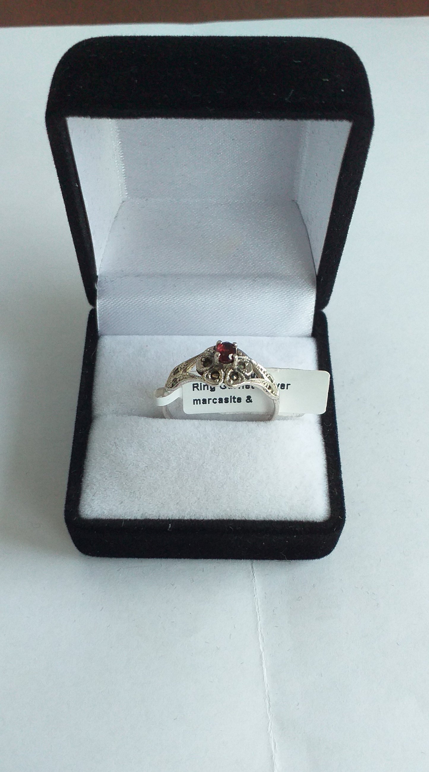 Ring, Garnet and marcarsite flower style on a Sterling Silver, band - Broadfield Flowers Florist Lincoln