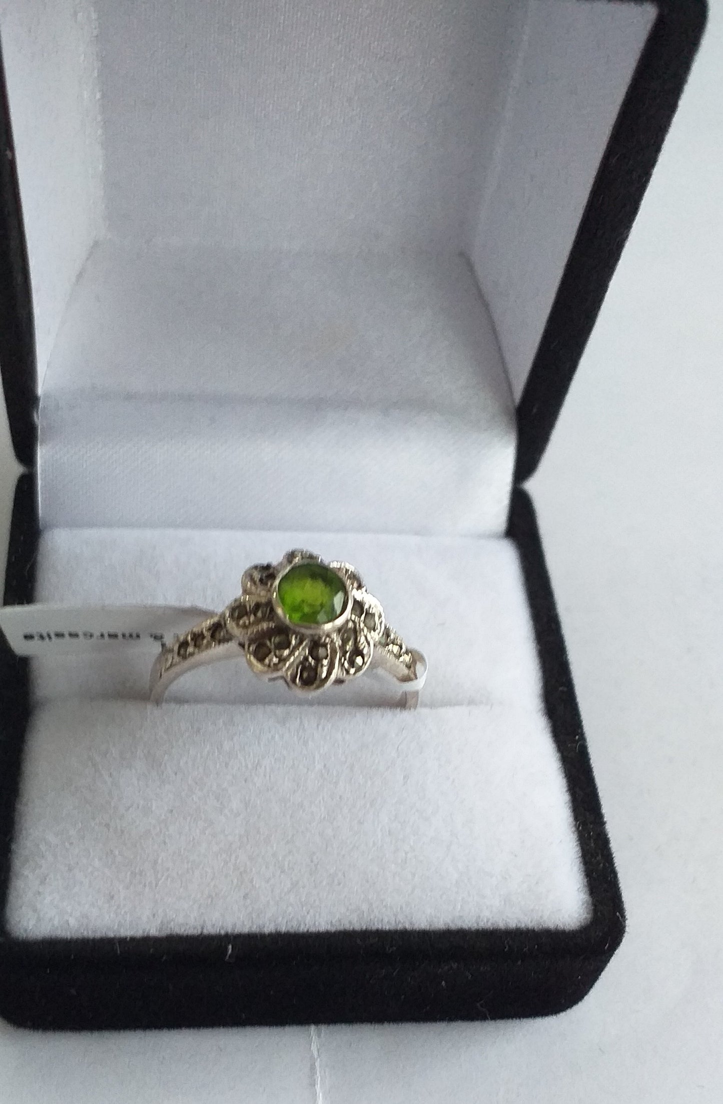 Ring, Peridot and marcarsite flower style on a Sterling Silver, band - Broadfield Flowers Florist Lincoln