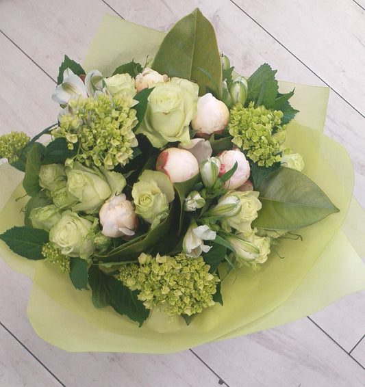 Flower Bouquet, White and Green, peony, roses, alstro, hydrangea - Broadfield Flowers Florist Lincoln