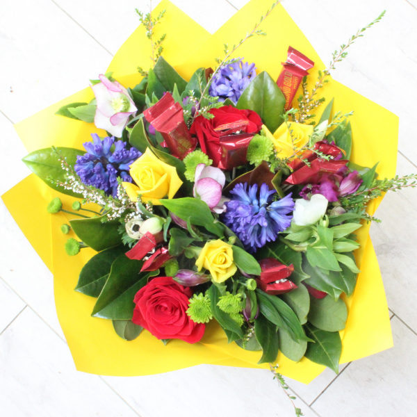 Whittakers flower Bouquet, chocolate, yellow, green chrysthemums, , red roses, orchids, blue - Broadfield Flowers Florist Lincoln